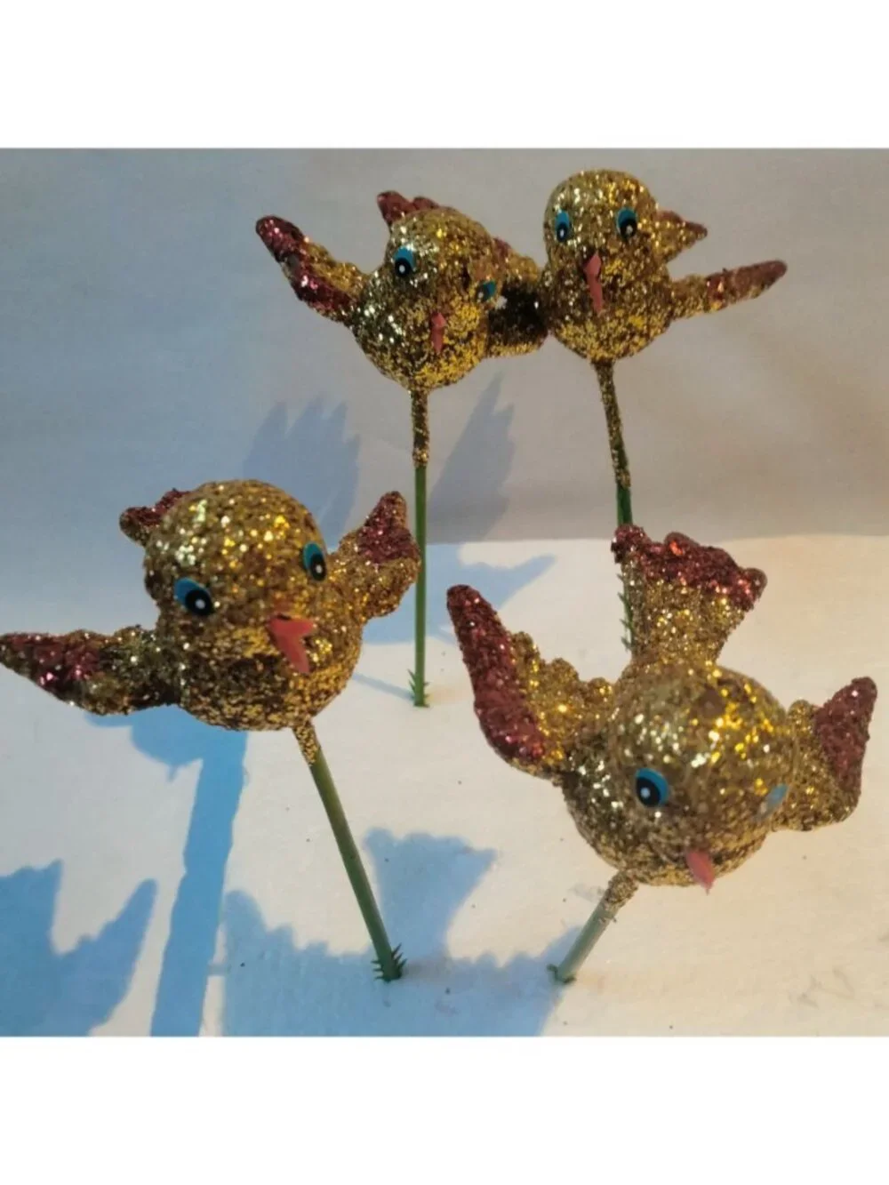 Glitter Gold Bird Ornament Green Wire Stem Decoration Crafting Lot 4